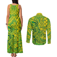 Cook Islands Vaa Polynesian Art Tattoo Couples Matching Tank Maxi Dress and Long Sleeve Button Shirt National Color