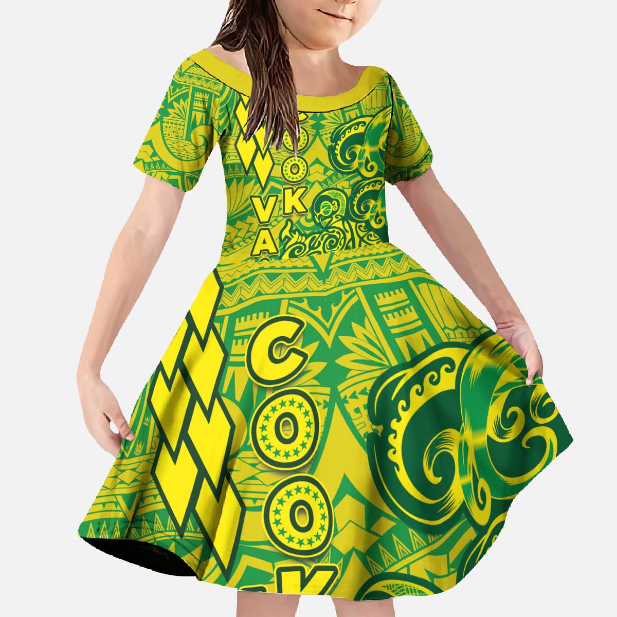 Cook Islands Va'a Polynesian Art Tattoo Family Matching Off The Shoulder Long Sleeve Dress and Hawaiian Shirt National Color LT03 Daughter's Dress Green - Yellow - Polynesian Pride