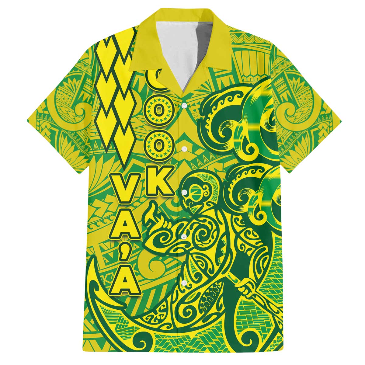 Cook Islands Va'a Polynesian Art Tattoo Family Matching Off The Shoulder Long Sleeve Dress and Hawaiian Shirt National Color LT03 Dad's Shirt - Short Sleeve Green - Yellow - Polynesian Pride