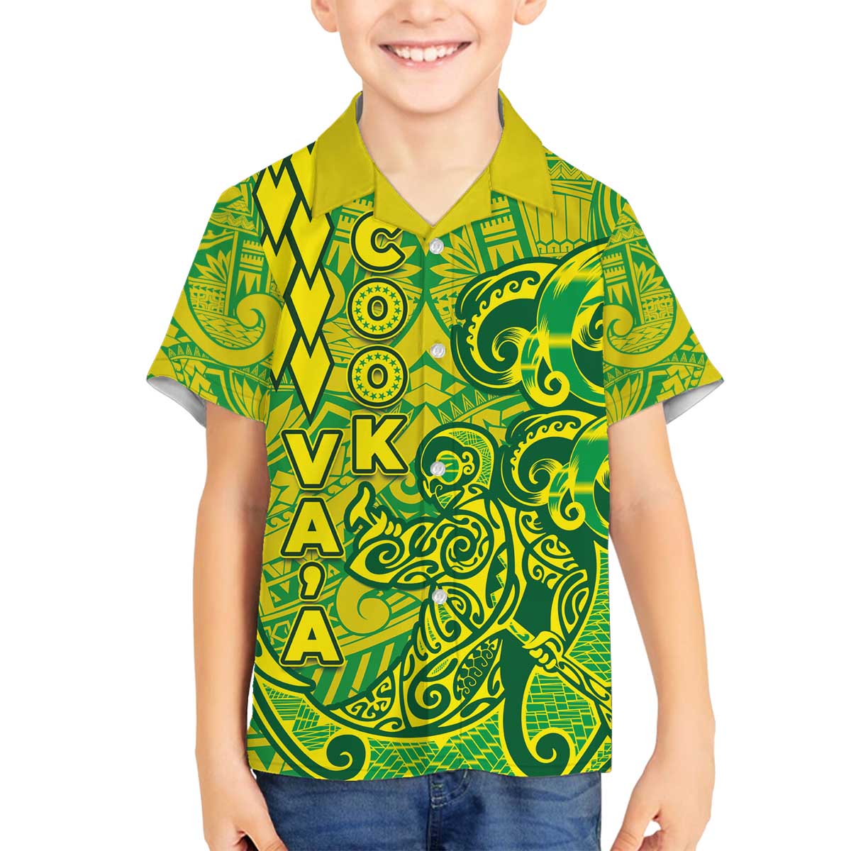 Cook Islands Va'a Polynesian Art Tattoo Family Matching Off The Shoulder Long Sleeve Dress and Hawaiian Shirt National Color LT03 Son's Shirt Green - Yellow - Polynesian Pride