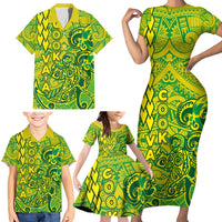 Cook Islands Vaa Polynesian Art Tattoo Family Matching Short Sleeve Bodycon Dress and Hawaiian Shirt National Color
