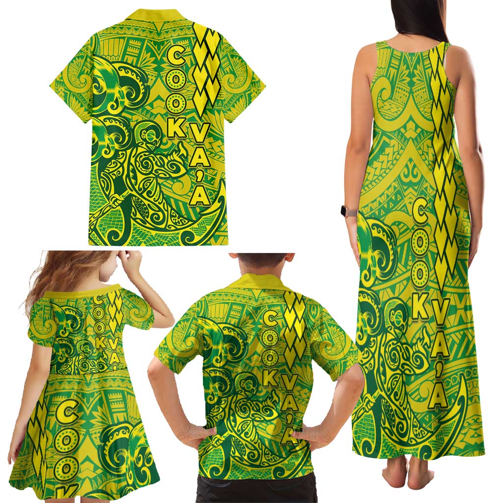 Cook Islands Vaa Polynesian Art Tattoo Family Matching Tank Maxi Dress and Hawaiian Shirt National Color