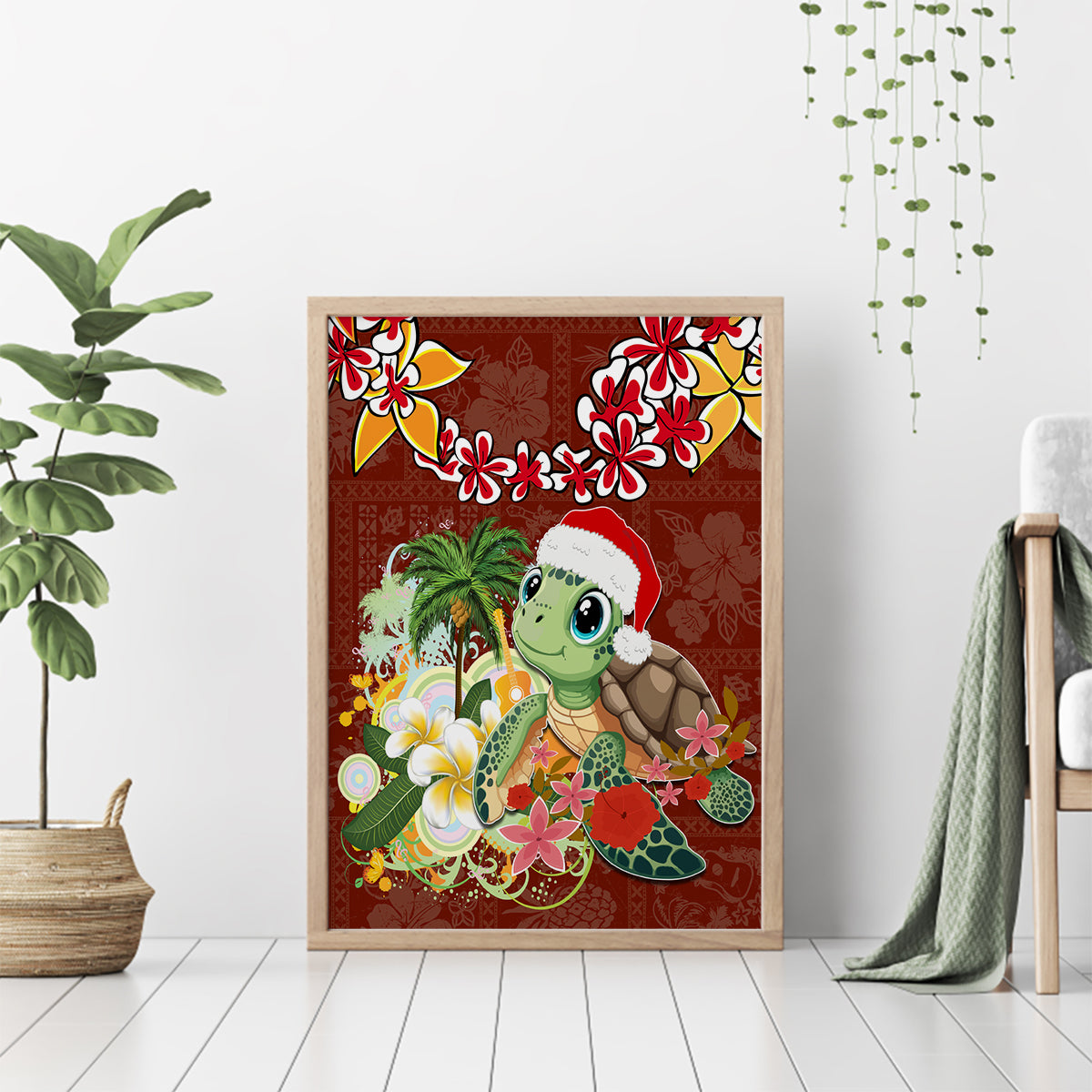 Hawaii Honu Mele Kalikimaka Canvas Wall Art Santa Tropical Flower Aloha Summer Red Version LT03 - Polynesian Pride