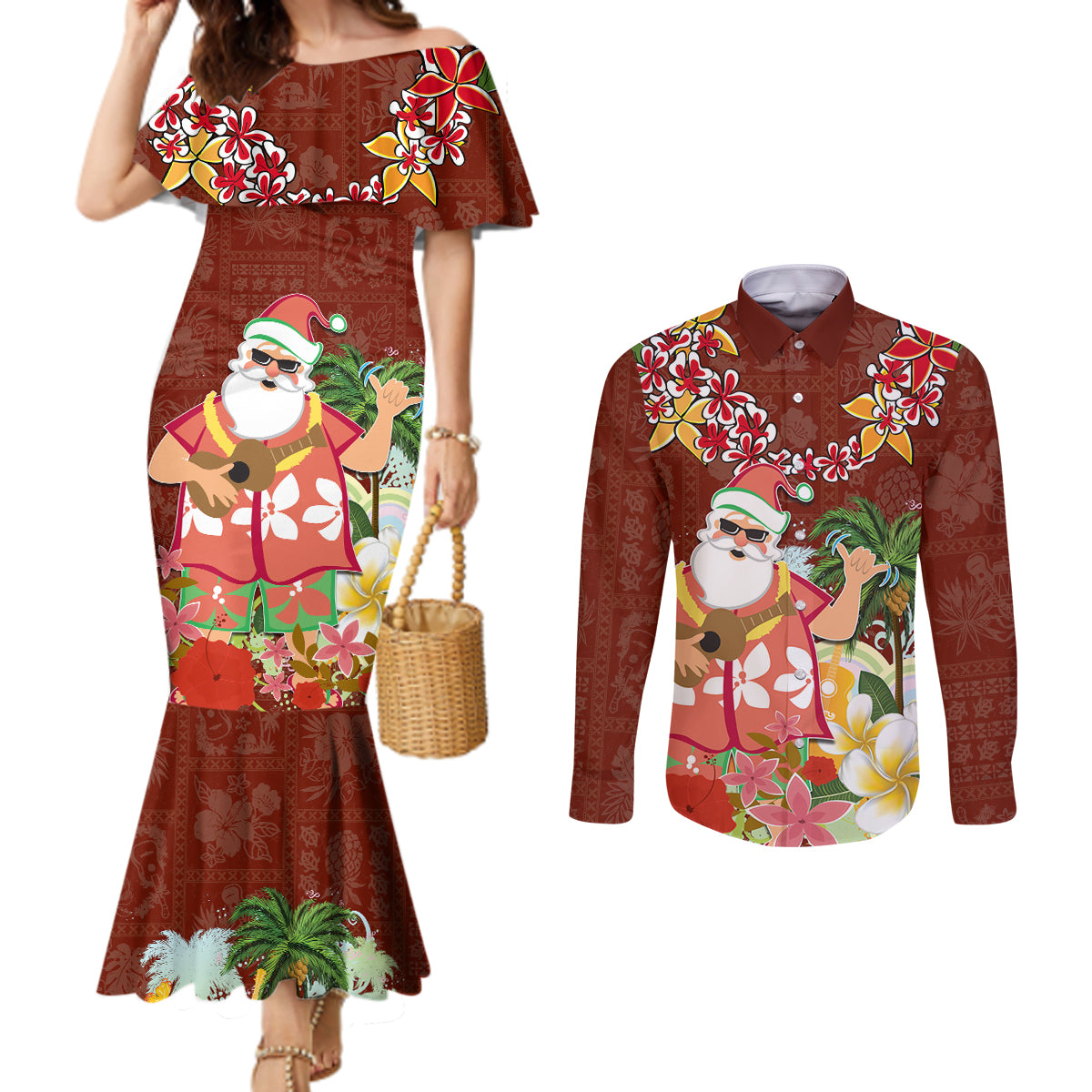 Hawaii Honu Mele Kalikimaka Couples Matching Mermaid Dress and Long Sleeve Button Shirt Santa Tropical Flower Aloha Summer Red Version LT03 Red - Polynesian Pride