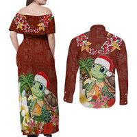 Hawaii Honu Mele Kalikimaka Couples Matching Off Shoulder Maxi Dress and Long Sleeve Button Shirt Santa Tropical Flower Aloha Summer Red Version LT03 - Polynesian Pride