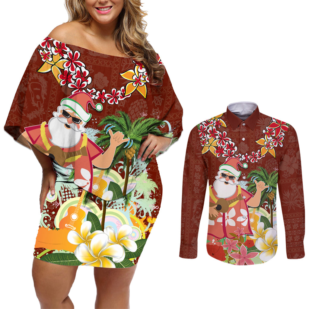 Hawaii Honu Mele Kalikimaka Couples Matching Off Shoulder Short Dress and Long Sleeve Button Shirt Santa Tropical Flower Aloha Summer Red Version LT03 Red - Polynesian Pride