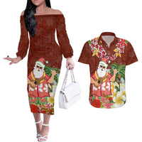 Hawaii Honu Mele Kalikimaka Couples Matching Off The Shoulder Long Sleeve Dress and Hawaiian Shirt Santa Tropical Flower Aloha Summer Red Version LT03 Red - Polynesian Pride