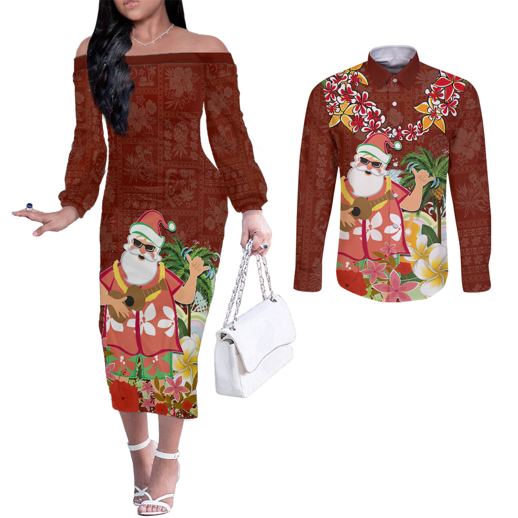 Hawaii Honu Mele Kalikimaka Couples Matching Off The Shoulder Long Sleeve Dress and Long Sleeve Button Shirt Santa Tropical Flower Aloha Summer Red Version LT03 Red - Polynesian Pride