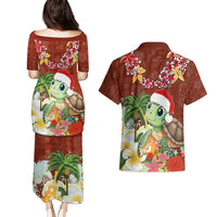 Hawaii Honu Mele Kalikimaka Couples Matching Puletasi Dress and Hawaiian Shirt Santa Tropical Flower Aloha Summer Red Version LT03 - Polynesian Pride
