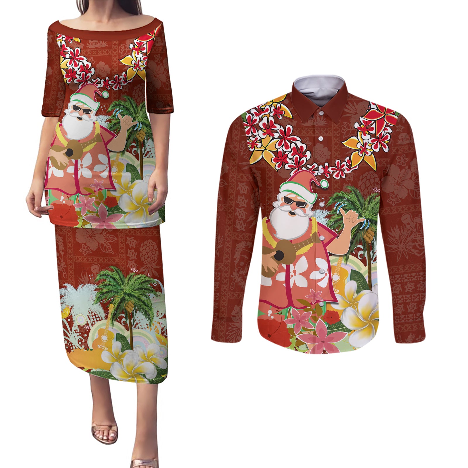 Hawaii Honu Mele Kalikimaka Couples Matching Puletasi Dress and Long Sleeve Button Shirt Santa Tropical Flower Aloha Summer Red Version LT03 Red - Polynesian Pride