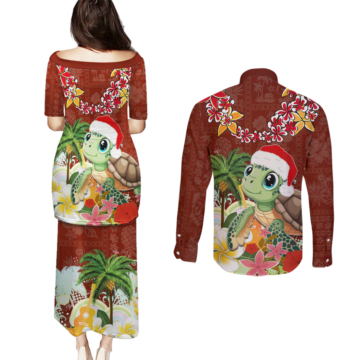 Hawaii Honu Mele Kalikimaka Couples Matching Puletasi Dress and Long Sleeve Button Shirt Santa Tropical Flower Aloha Summer Red Version LT03 - Polynesian Pride