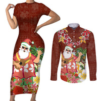 Hawaii Honu Mele Kalikimaka Couples Matching Short Sleeve Bodycon Dress and Long Sleeve Button Shirt Santa Tropical Flower Aloha Summer Red Version LT03 Red - Polynesian Pride