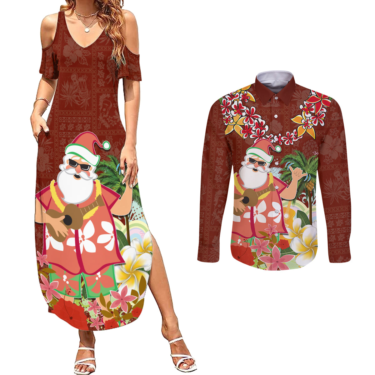 Hawaii Honu Mele Kalikimaka Couples Matching Summer Maxi Dress and Long Sleeve Button Shirt Santa Tropical Flower Aloha Summer Red Version LT03 Red - Polynesian Pride
