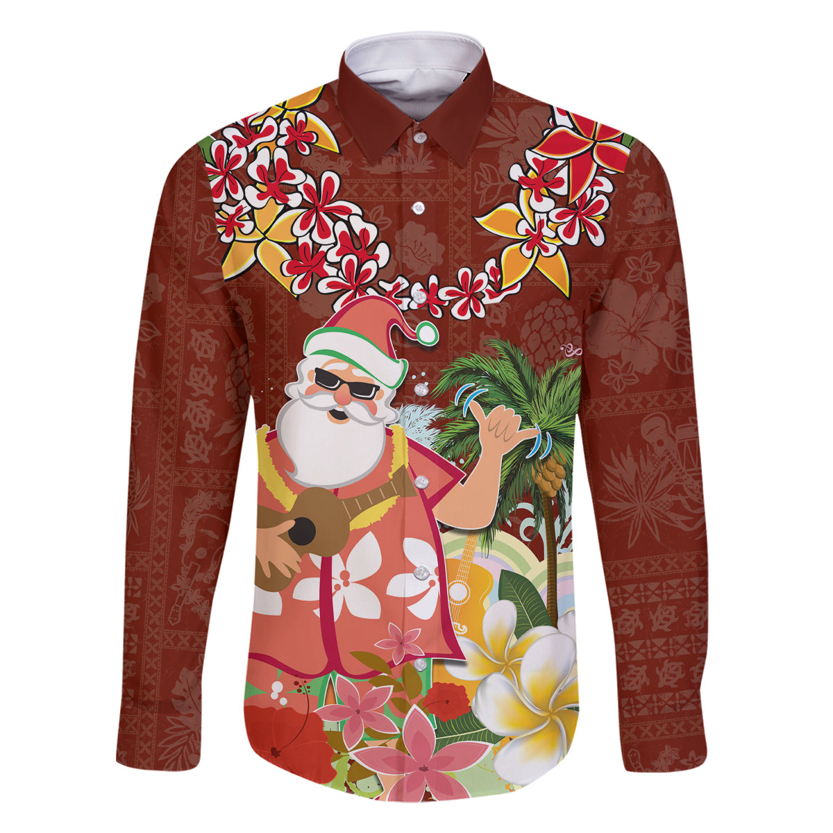 Hawaii Honu Mele Kalikimaka Family Matching Tank Maxi Dress and Hawaiian Shirt Santa Tropical Flower Aloha Summer Red Version LT03 Dad's Shirt - Long Sleeve Red - Polynesian Pride
