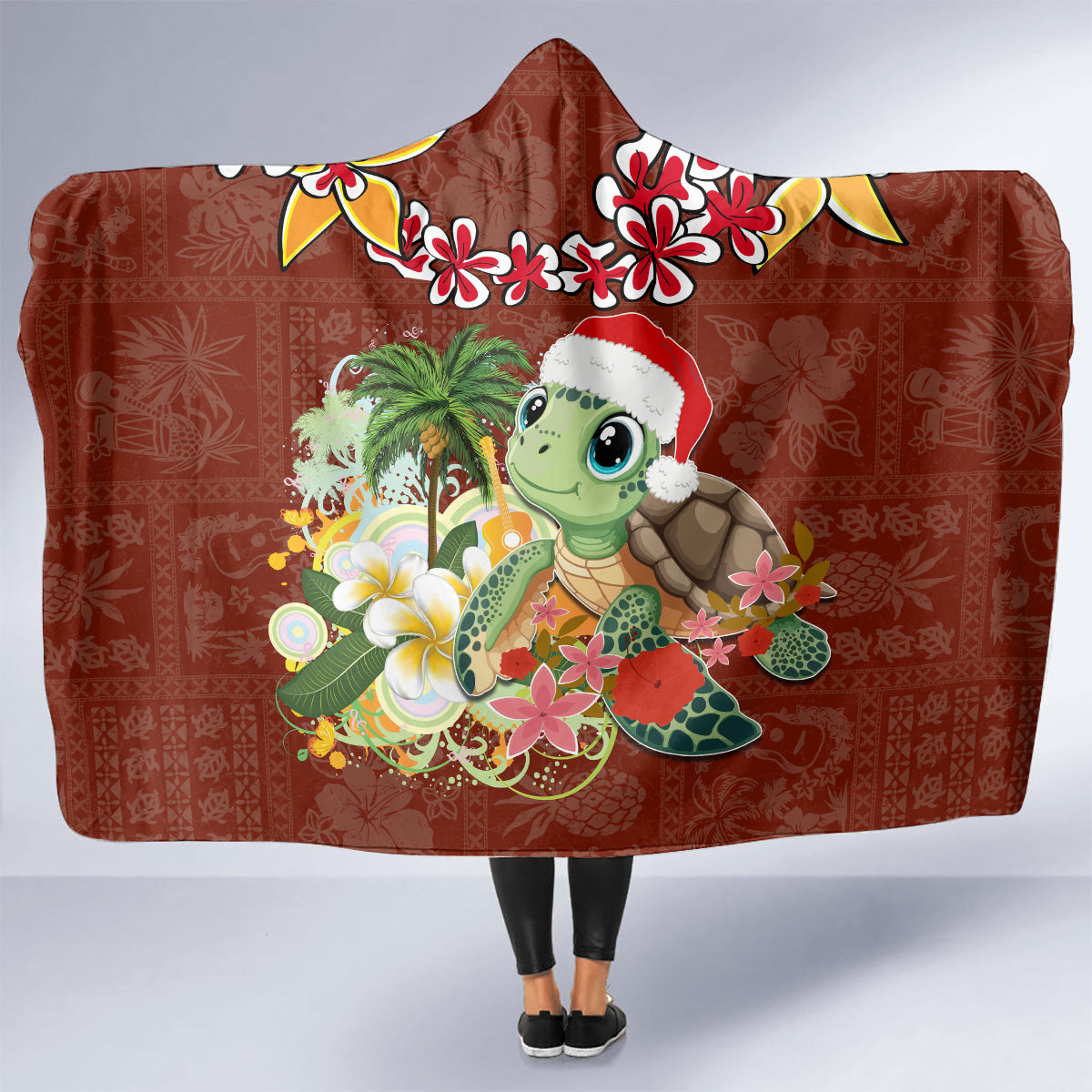 Hawaii Honu Mele Kalikimaka Hooded Blanket Santa Tropical Flower Aloha Summer Red Version LT03 - Polynesian Pride