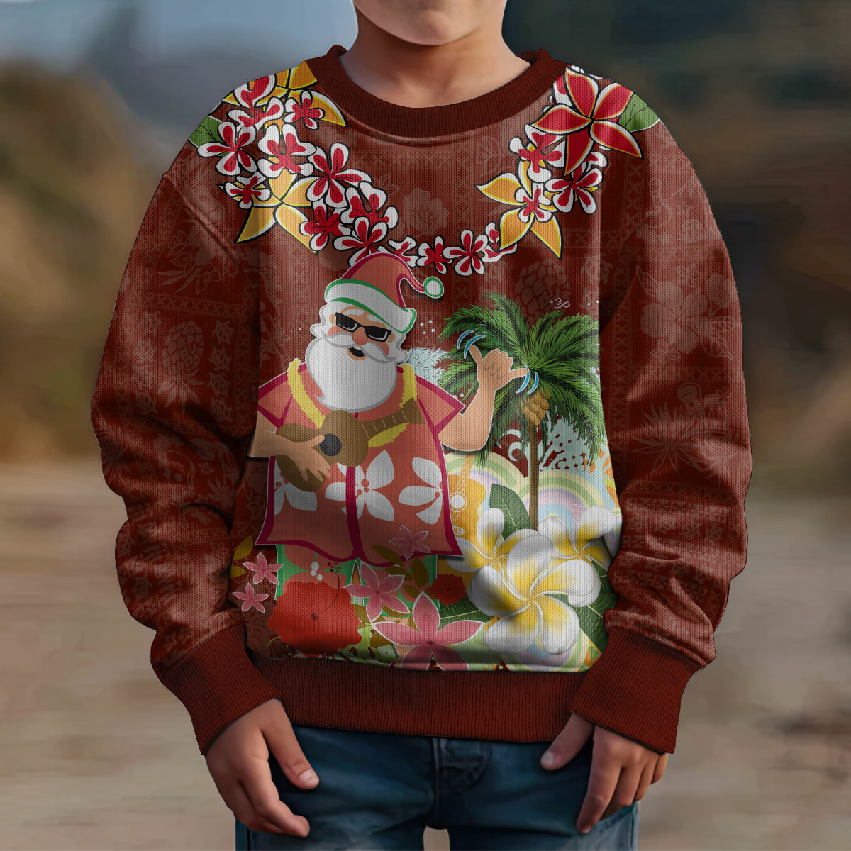 Hawaii Honu Mele Kalikimaka Kid Ugly Christmas Sweater Santa Tropical Flower Aloha Summer Red Version LT03 - Polynesian Pride