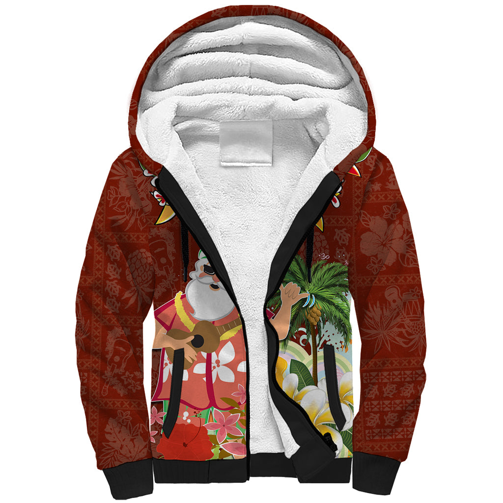 Hawaii Honu Mele Kalikimaka Sherpa Hoodie Santa Tropical Flower Aloha Summer Red Version LT03 Unisex Red - Polynesian Pride