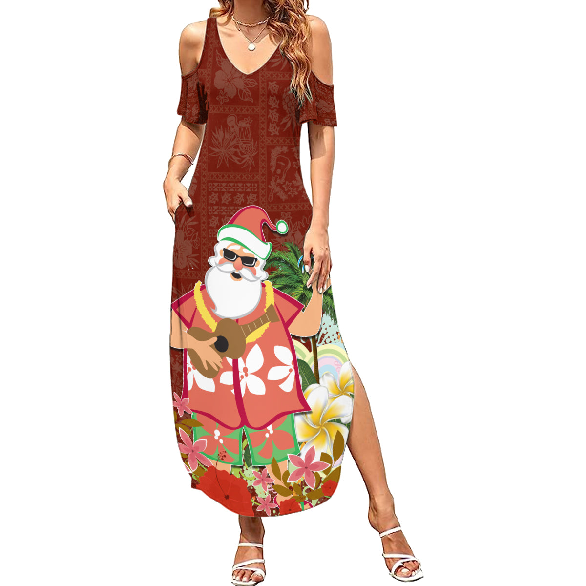 Hawaii Honu Mele Kalikimaka Summer Maxi Dress Santa Tropical Flower Aloha Summer Red Version LT03 Women Red - Polynesian Pride