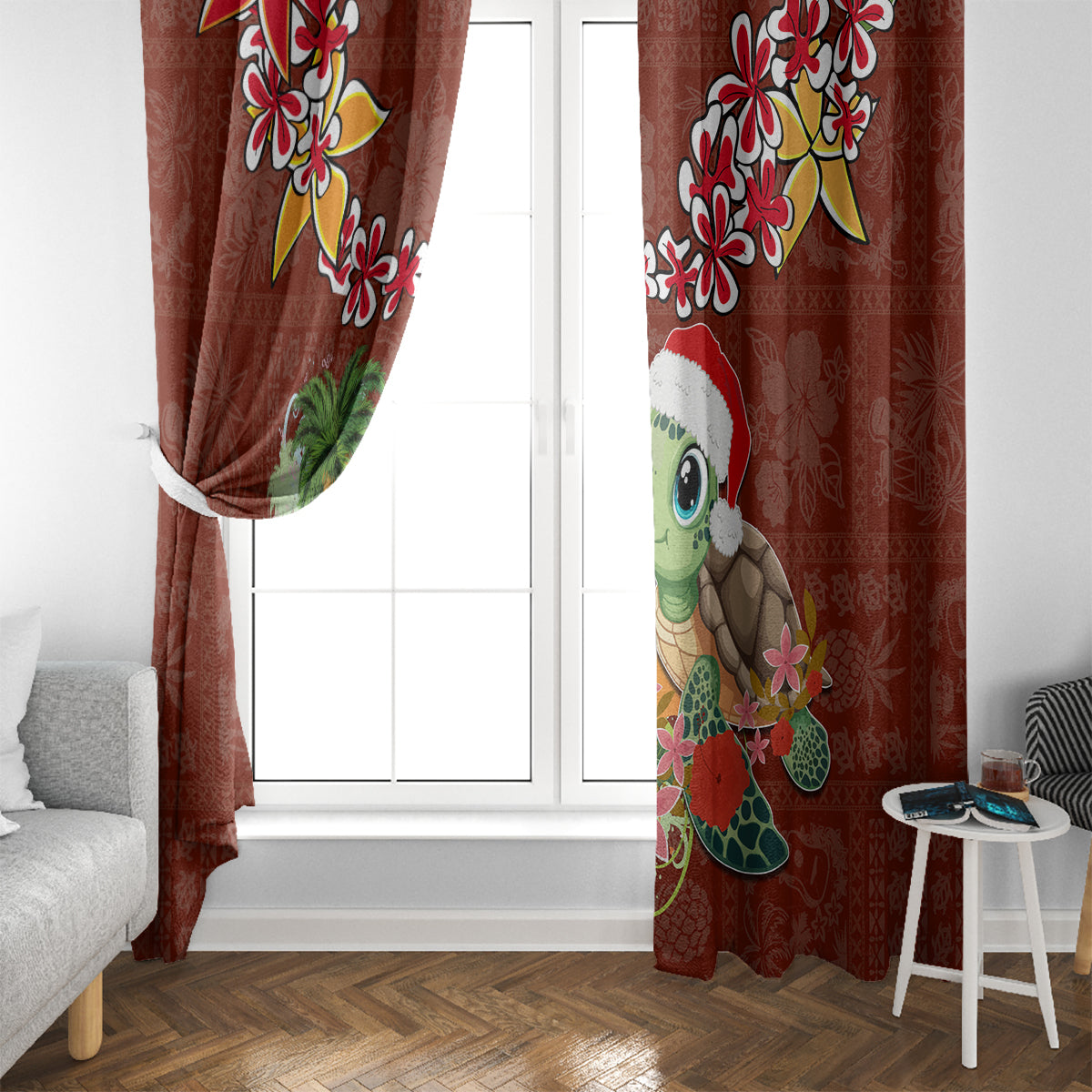Hawaii Honu Mele Kalikimaka Window Curtain Santa Tropical Flower Aloha Summer Red Version LT03 - Polynesian Pride