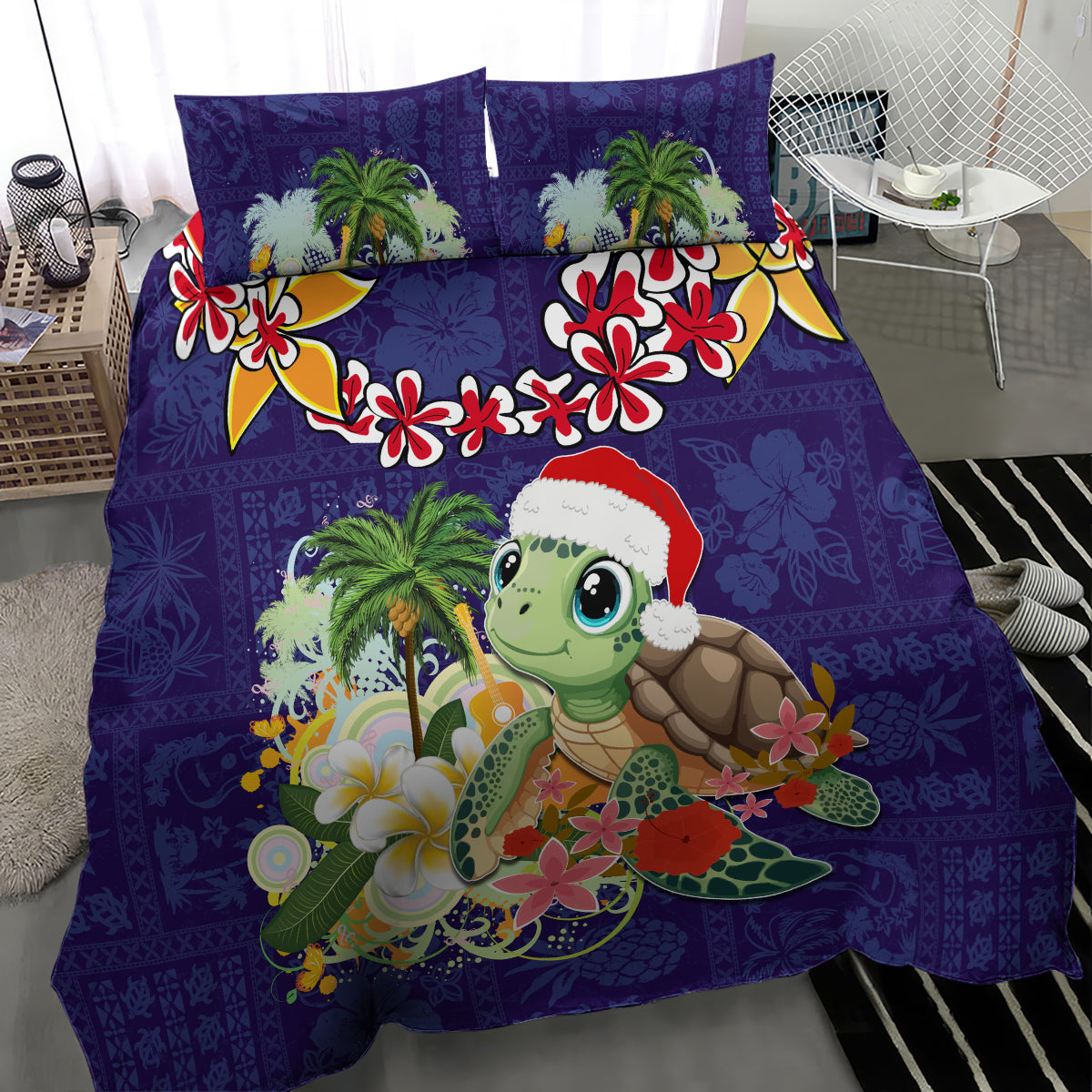 Hawaii Honu Mele Kalikimaka Bedding Set Santa Tropical Flower Aloha Summer Blue Version LT03 - Polynesian Pride