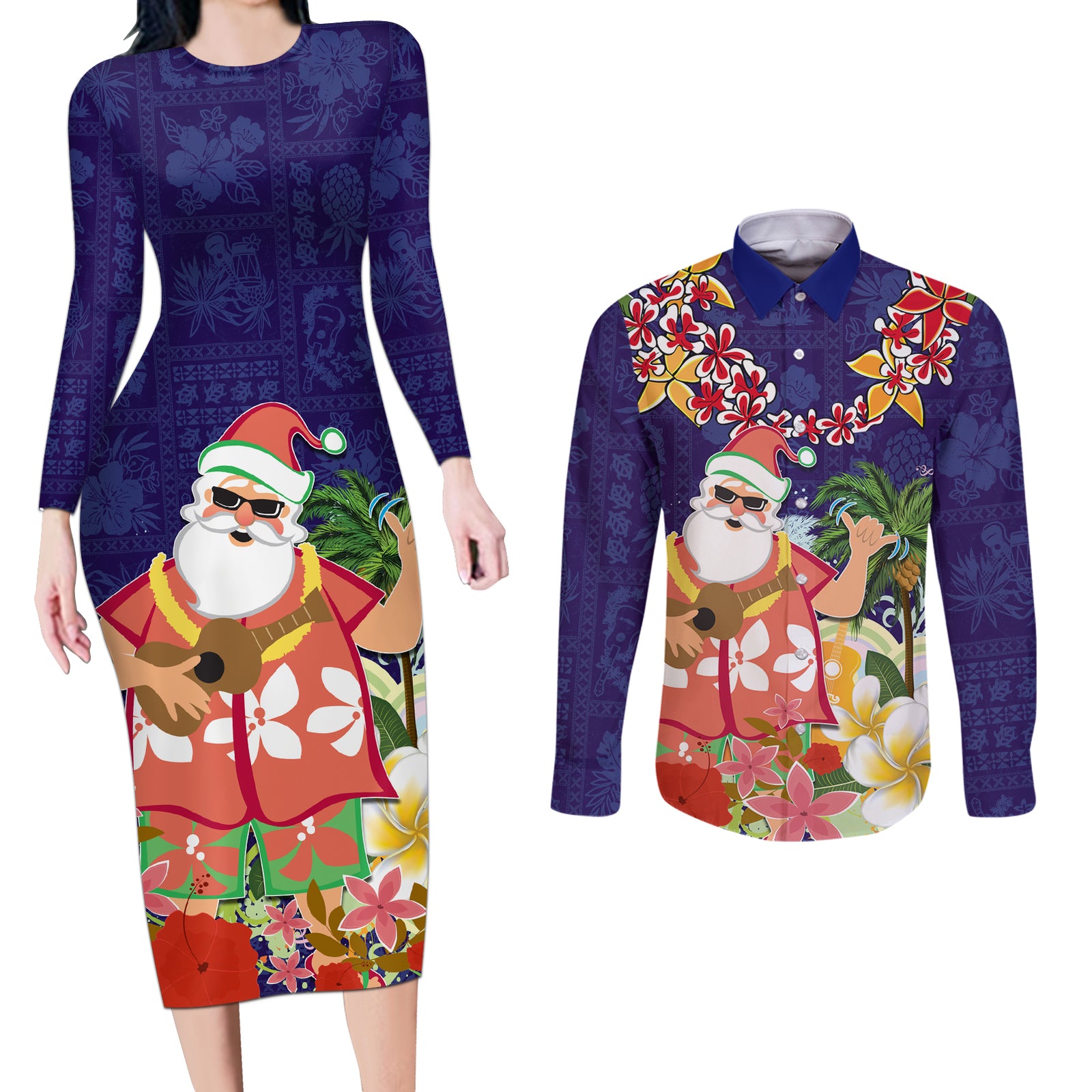 Hawaii Honu Mele Kalikimaka Couples Matching Long Sleeve Bodycon Dress and Long Sleeve Button Shirt Santa Tropical Flower Aloha Summer Blue Version LT03 Blue - Polynesian Pride