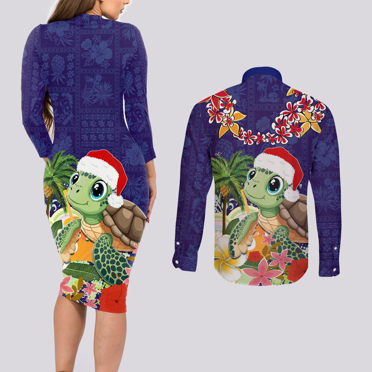 Hawaii Honu Mele Kalikimaka Couples Matching Long Sleeve Bodycon Dress and Long Sleeve Button Shirt Santa Tropical Flower Aloha Summer Blue Version LT03 - Polynesian Pride