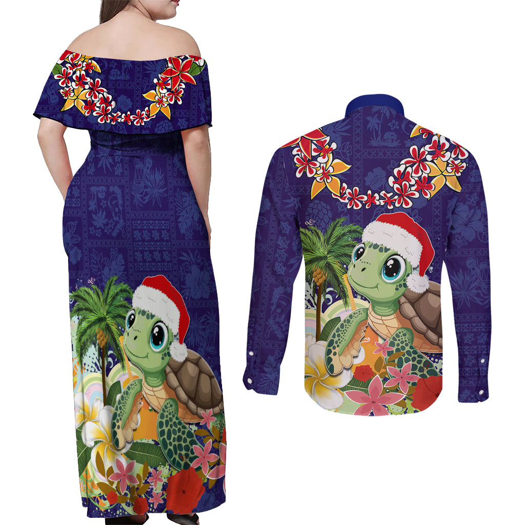 Hawaii Honu Mele Kalikimaka Couples Matching Off Shoulder Maxi Dress and Long Sleeve Button Shirt Santa Tropical Flower Aloha Summer Blue Version LT03 - Polynesian Pride