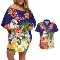 Hawaii Honu Mele Kalikimaka Couples Matching Off Shoulder Short Dress and Hawaiian Shirt Santa Tropical Flower Aloha Summer Blue Version LT03 Blue - Polynesian Pride