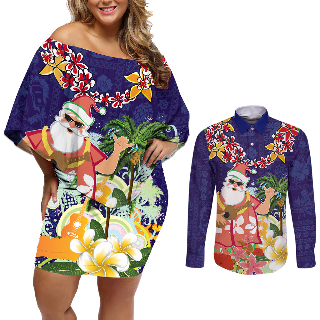 Hawaii Honu Mele Kalikimaka Couples Matching Off Shoulder Short Dress and Long Sleeve Button Shirt Santa Tropical Flower Aloha Summer Blue Version LT03 Blue - Polynesian Pride