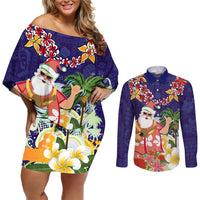 Hawaii Honu Mele Kalikimaka Couples Matching Off Shoulder Short Dress and Long Sleeve Button Shirt Santa Tropical Flower Aloha Summer Blue Version LT03 Blue - Polynesian Pride