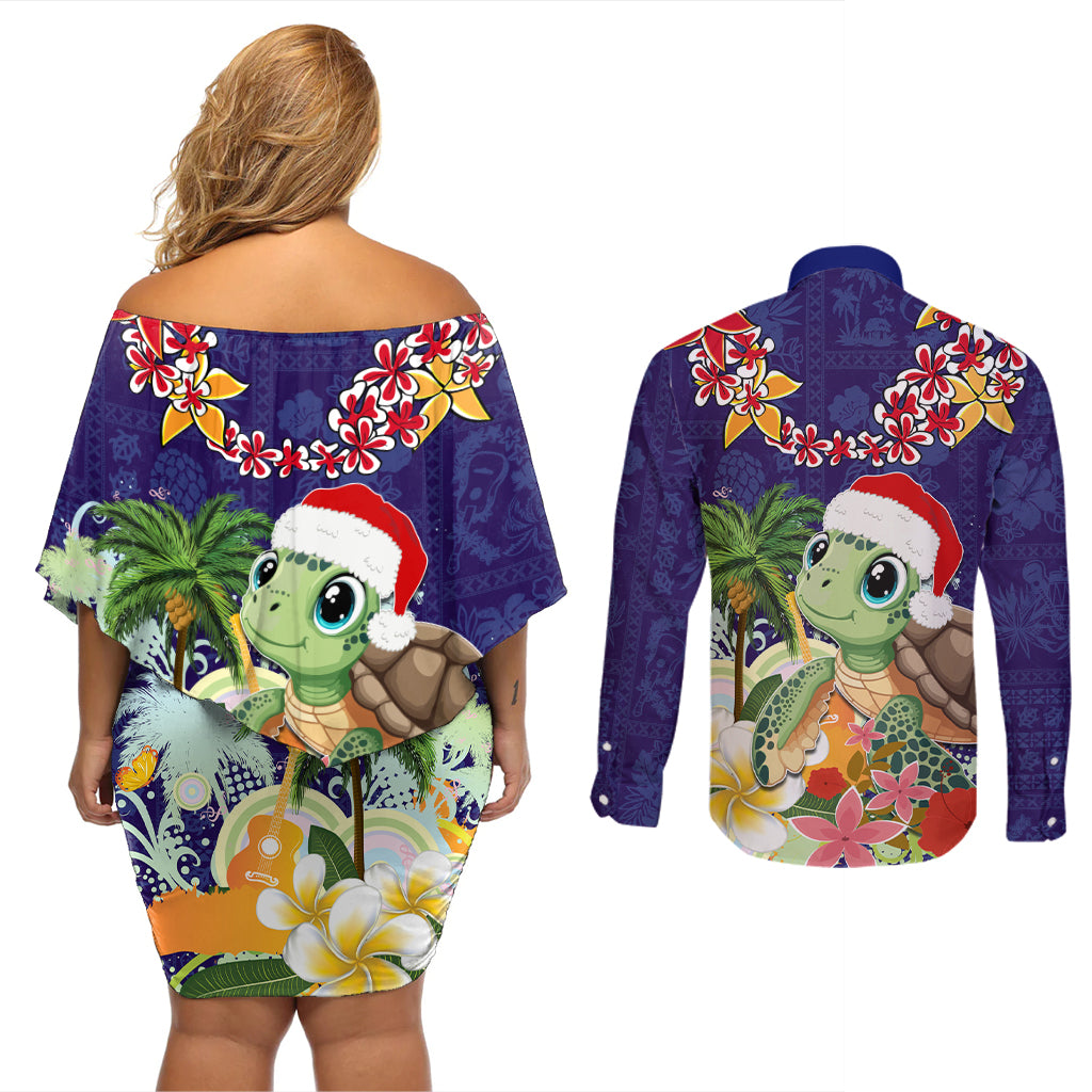 Hawaii Honu Mele Kalikimaka Couples Matching Off Shoulder Short Dress and Long Sleeve Button Shirt Santa Tropical Flower Aloha Summer Blue Version LT03 - Polynesian Pride
