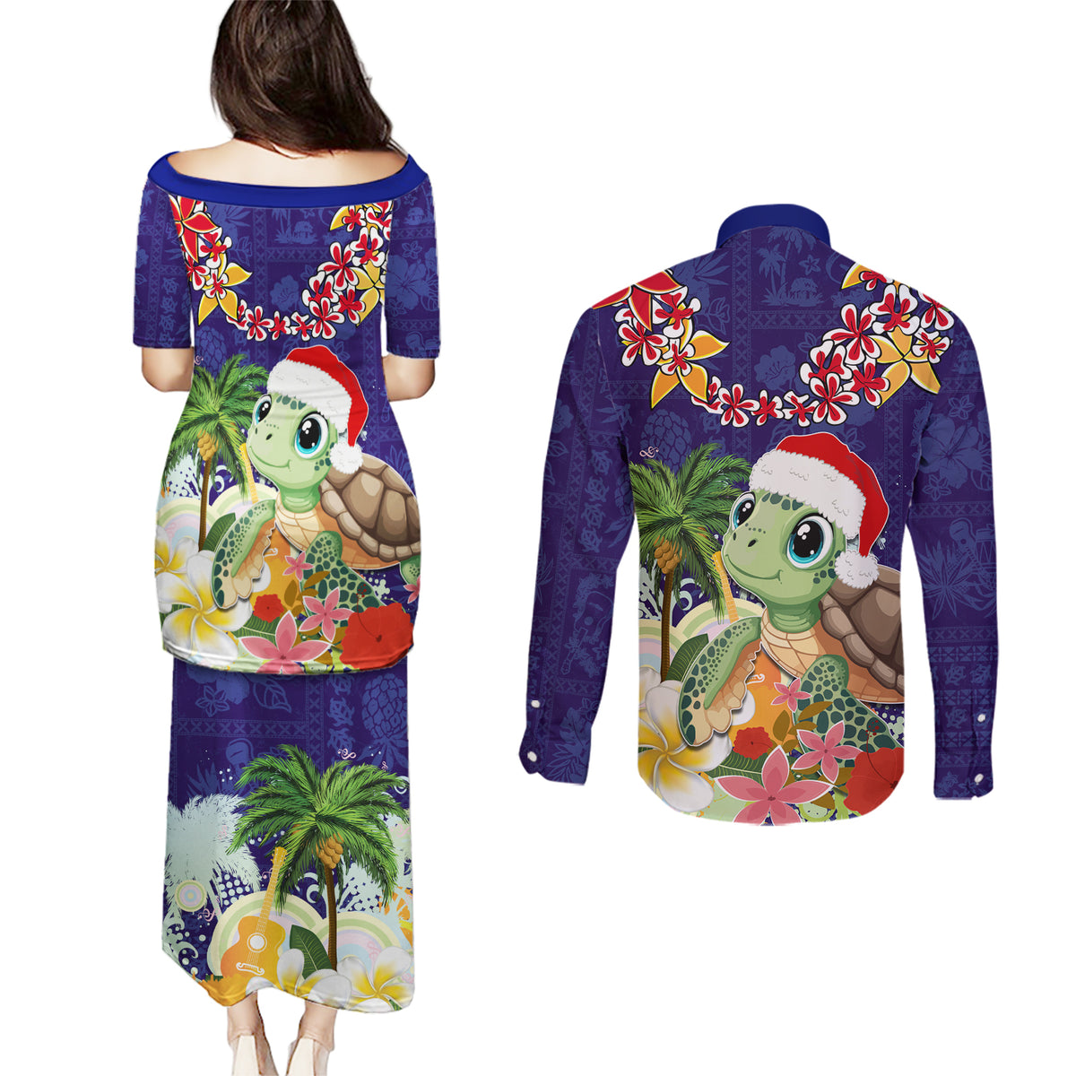 Hawaii Honu Mele Kalikimaka Couples Matching Puletasi Dress and Long Sleeve Button Shirt Santa Tropical Flower Aloha Summer Blue Version LT03 - Polynesian Pride