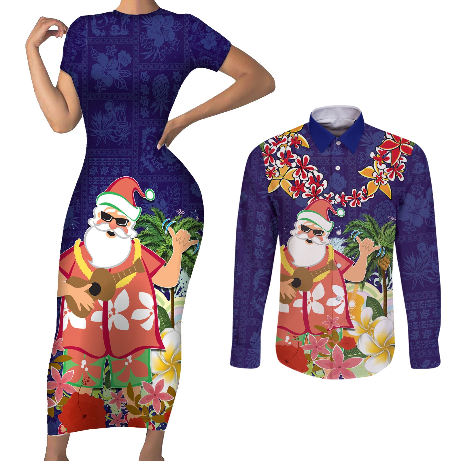 Hawaii Honu Mele Kalikimaka Couples Matching Short Sleeve Bodycon Dress and Long Sleeve Button Shirt Santa Tropical Flower Aloha Summer Blue Version LT03 Blue - Polynesian Pride