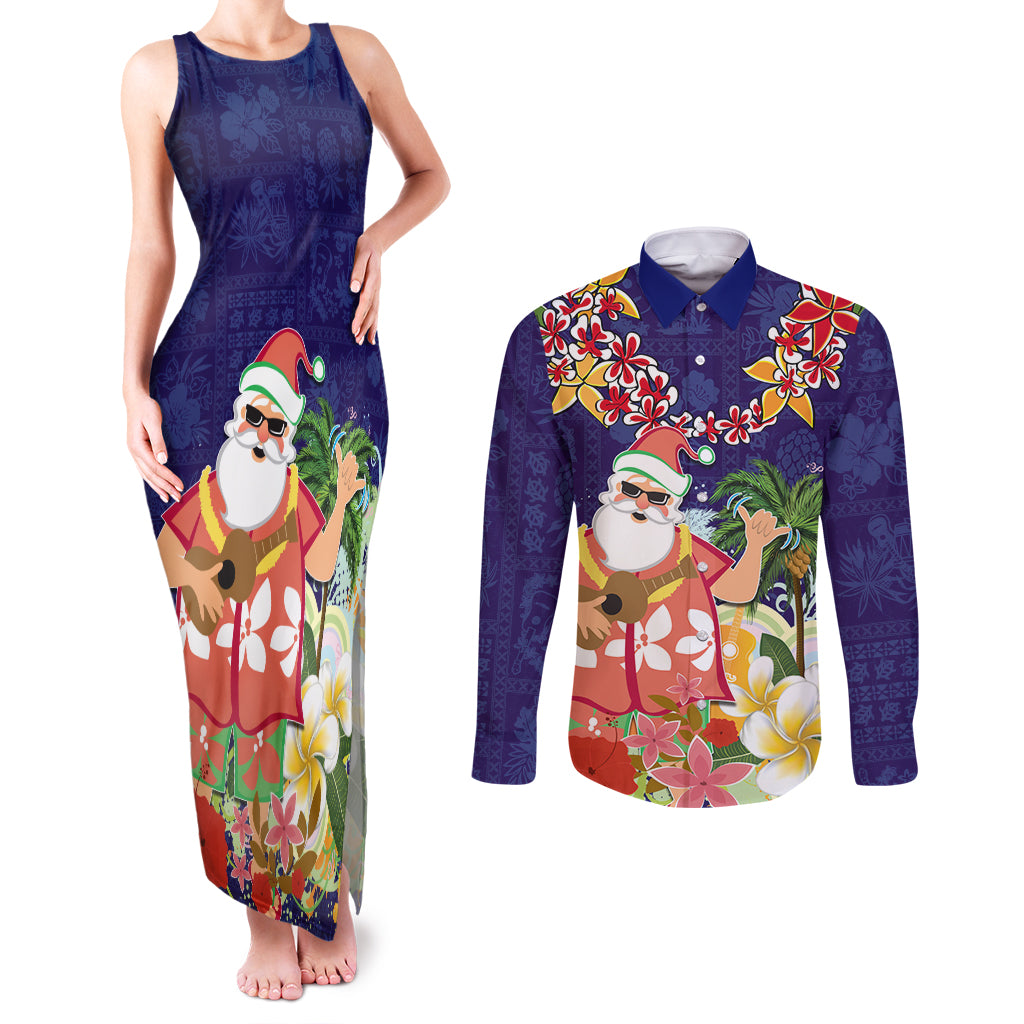 Hawaii Honu Mele Kalikimaka Couples Matching Tank Maxi Dress and Long Sleeve Button Shirt Santa Tropical Flower Aloha Summer Blue Version LT03 Blue - Polynesian Pride