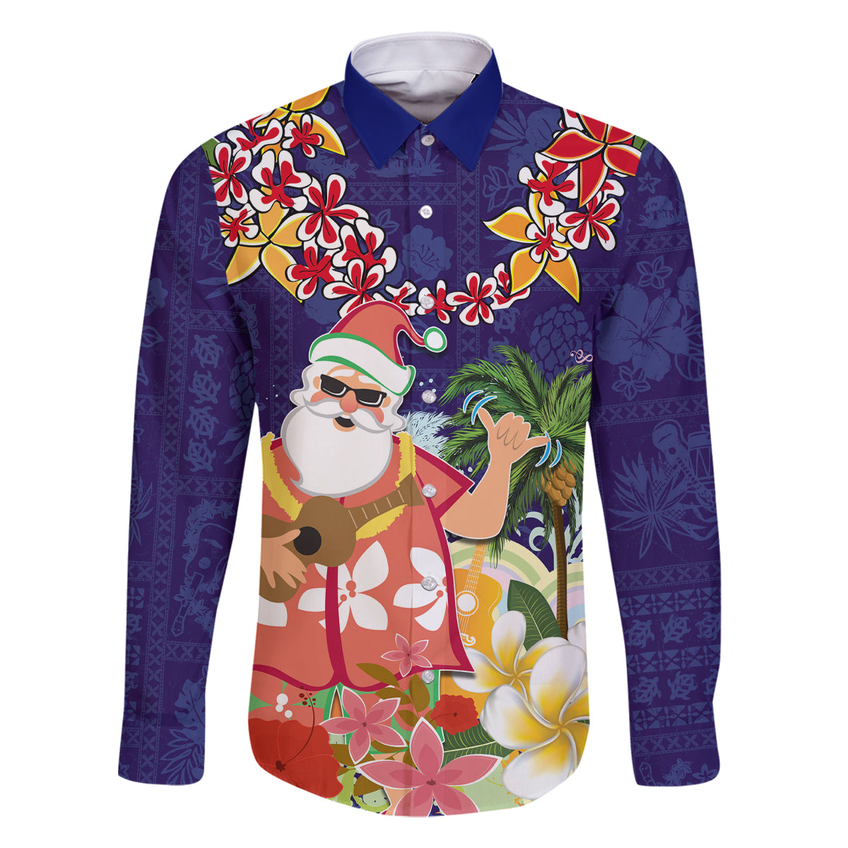 Hawaii Honu Mele Kalikimaka Family Matching Off Shoulder Maxi Dress and Hawaiian Shirt Santa Tropical Flower Aloha Summer Blue Version LT03 Dad's Shirt - Long Sleeve Blue - Polynesian Pride
