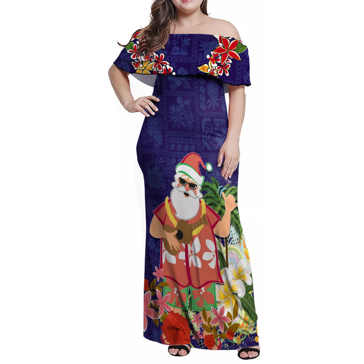 Hawaii Honu Mele Kalikimaka Family Matching Off Shoulder Maxi Dress and Hawaiian Shirt Santa Tropical Flower Aloha Summer Blue Version LT03 Mom's Dress Blue - Polynesian Pride