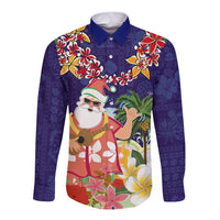 Hawaii Honu Mele Kalikimaka Long Sleeve Button Shirt Santa Tropical Flower Aloha Summer Blue Version LT03 Unisex Blue - Polynesian Pride