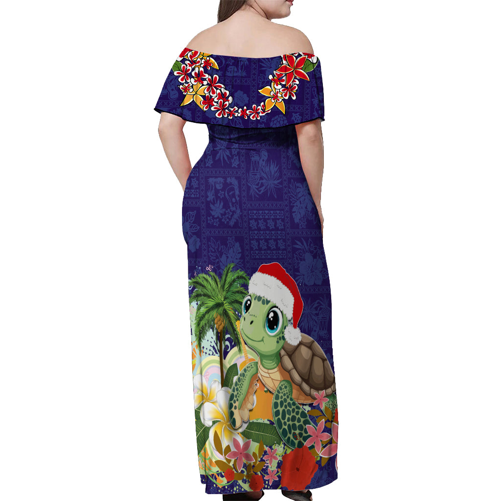 Hawaii Honu Mele Kalikimaka Off Shoulder Maxi Dress Santa Tropical Flower Aloha Summer Blue Version LT03 - Polynesian Pride