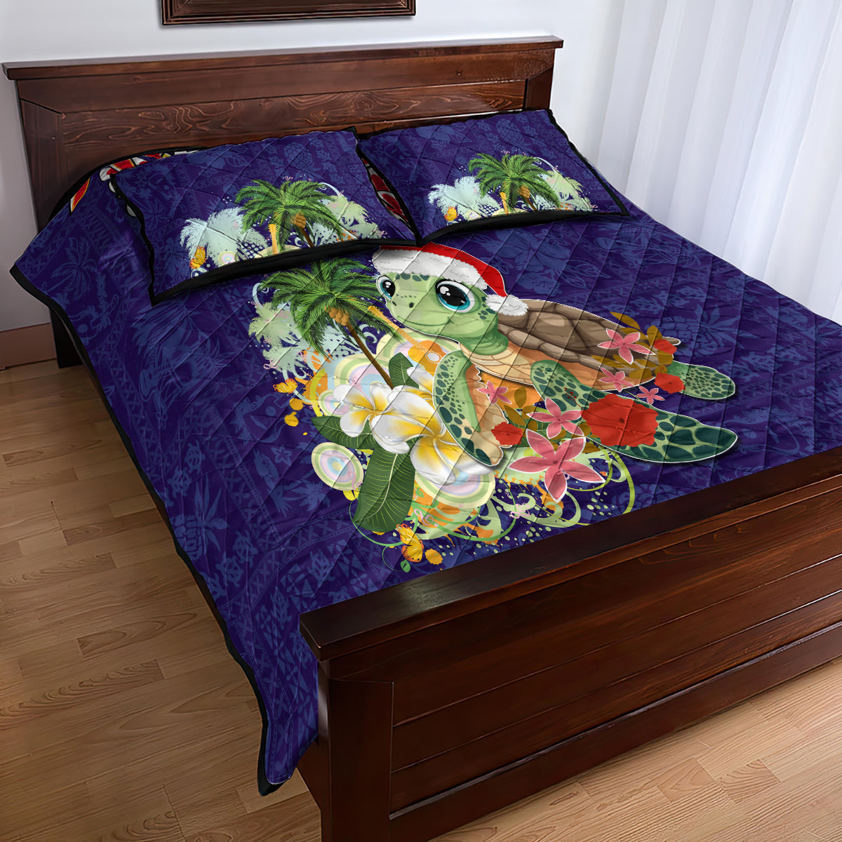Hawaii Honu Mele Kalikimaka Quilt Bed Set Santa Tropical Flower Aloha Summer Blue Version LT03 - Polynesian Pride