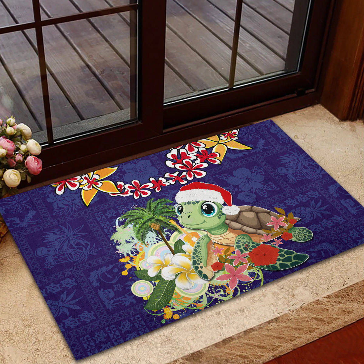 Hawaii Honu Mele Kalikimaka Rubber Doormat Santa Tropical Flower Aloha Summer Blue Version LT03 - Polynesian Pride