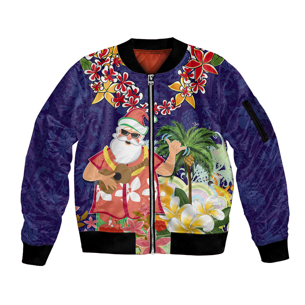 Hawaii Honu Mele Kalikimaka Sleeve Zip Bomber Jacket Santa Tropical Flower Aloha Summer Blue Version LT03 Unisex Blue - Polynesian Pride