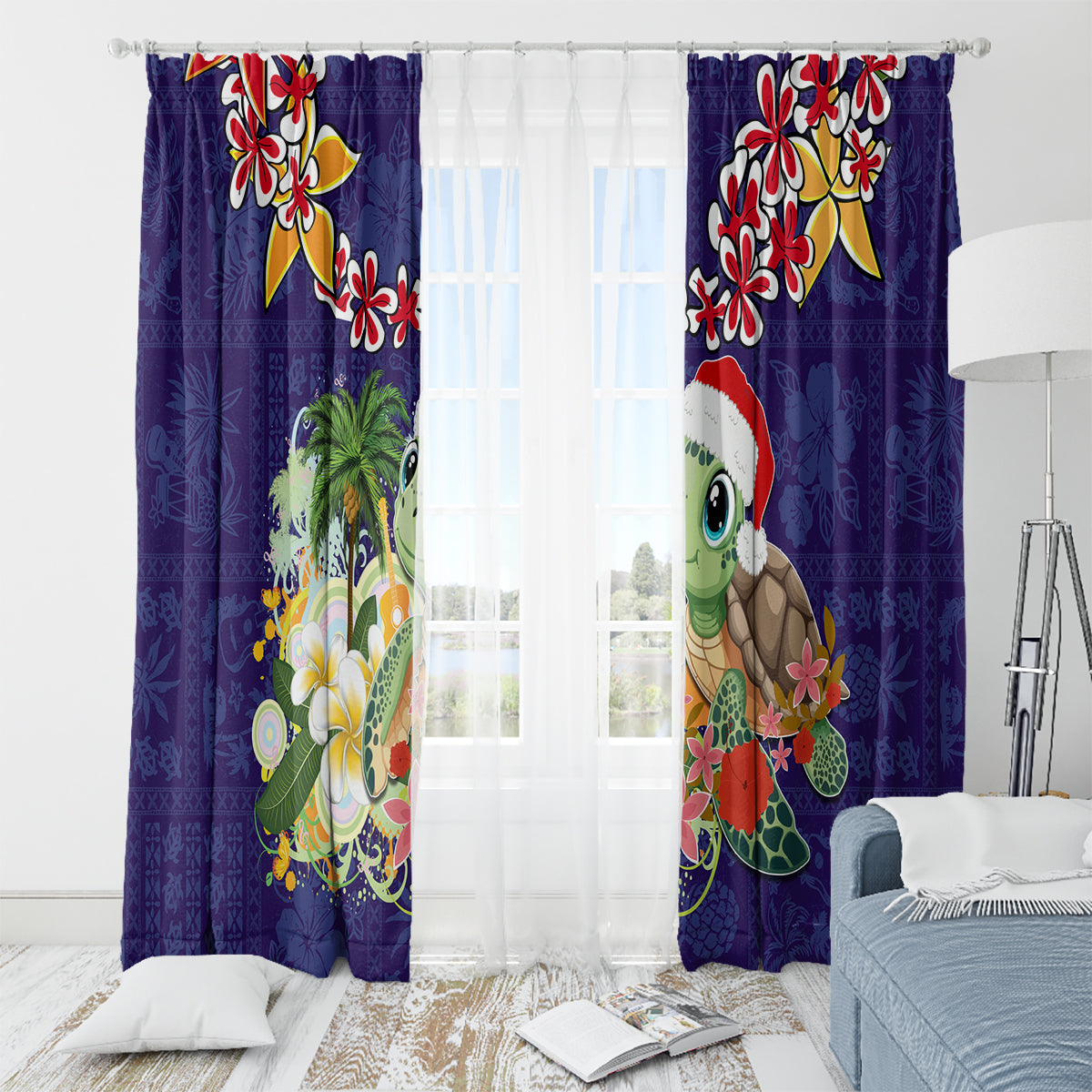 Hawaii Honu Mele Kalikimaka Window Curtain Santa Tropical Flower Aloha Summer Blue Version LT03 - Polynesian Pride