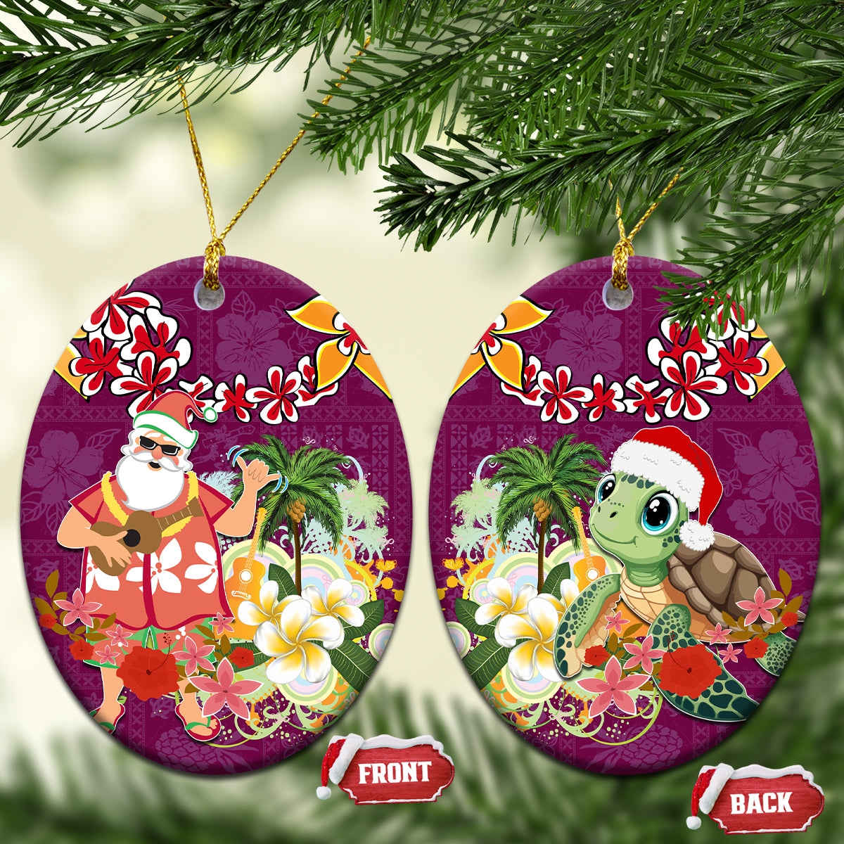 Hawaii Honu Mele Kalikimaka Ceramic Ornament Santa Tropical Flower Aloha Summer Pink Version LT03 Oval Pink - Polynesian Pride