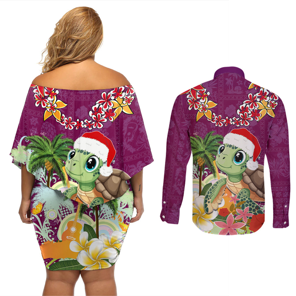 Hawaii Honu Mele Kalikimaka Couples Matching Off Shoulder Short Dress and Long Sleeve Button Shirt Santa Tropical Flower Aloha Summer Pink Version LT03 - Polynesian Pride