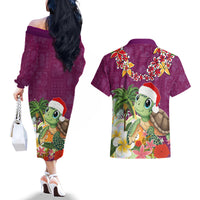 Hawaii Honu Mele Kalikimaka Couples Matching Off The Shoulder Long Sleeve Dress and Hawaiian Shirt Santa Tropical Flower Aloha Summer Pink Version LT03 - Polynesian Pride