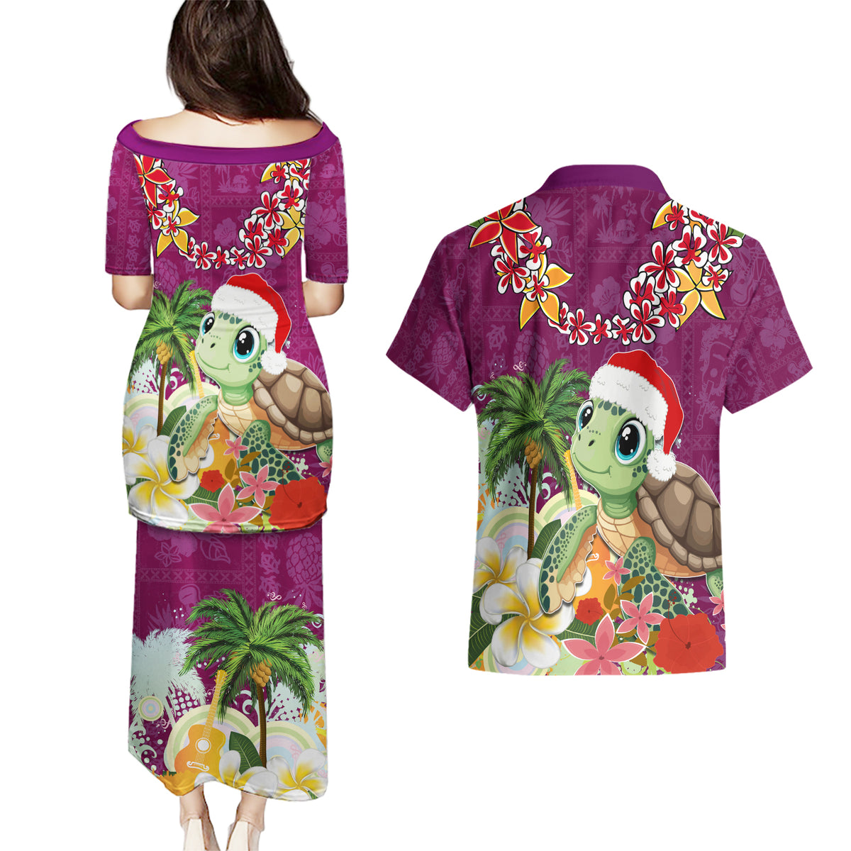 Hawaii Honu Mele Kalikimaka Couples Matching Puletasi Dress and Hawaiian Shirt Santa Tropical Flower Aloha Summer Pink Version LT03 - Polynesian Pride