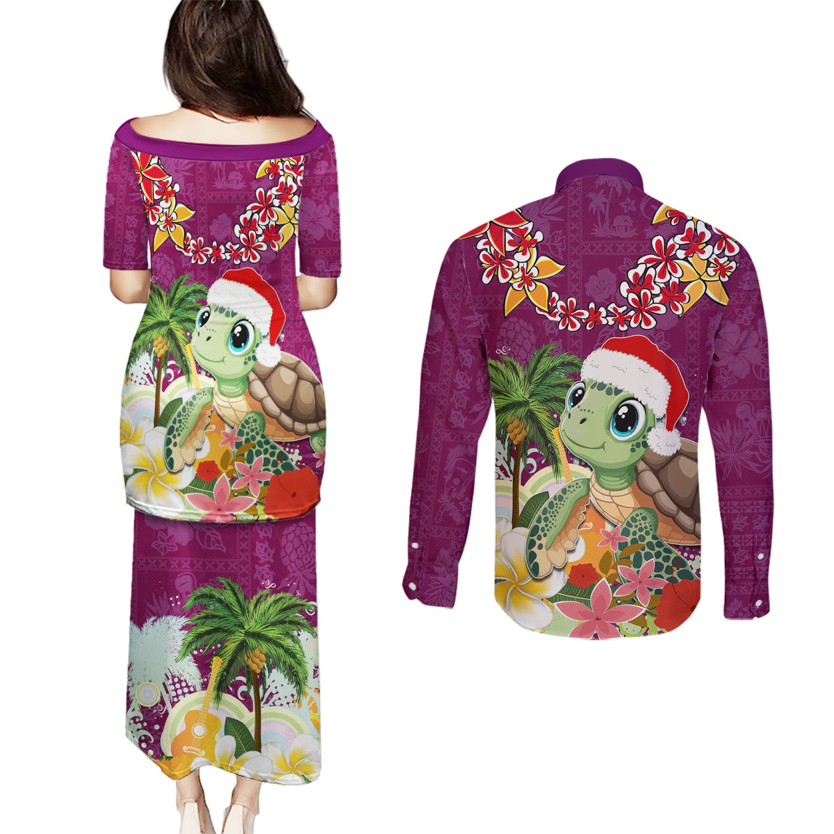 Hawaii Honu Mele Kalikimaka Couples Matching Puletasi Dress and Long Sleeve Button Shirt Santa Tropical Flower Aloha Summer Pink Version LT03 - Polynesian Pride