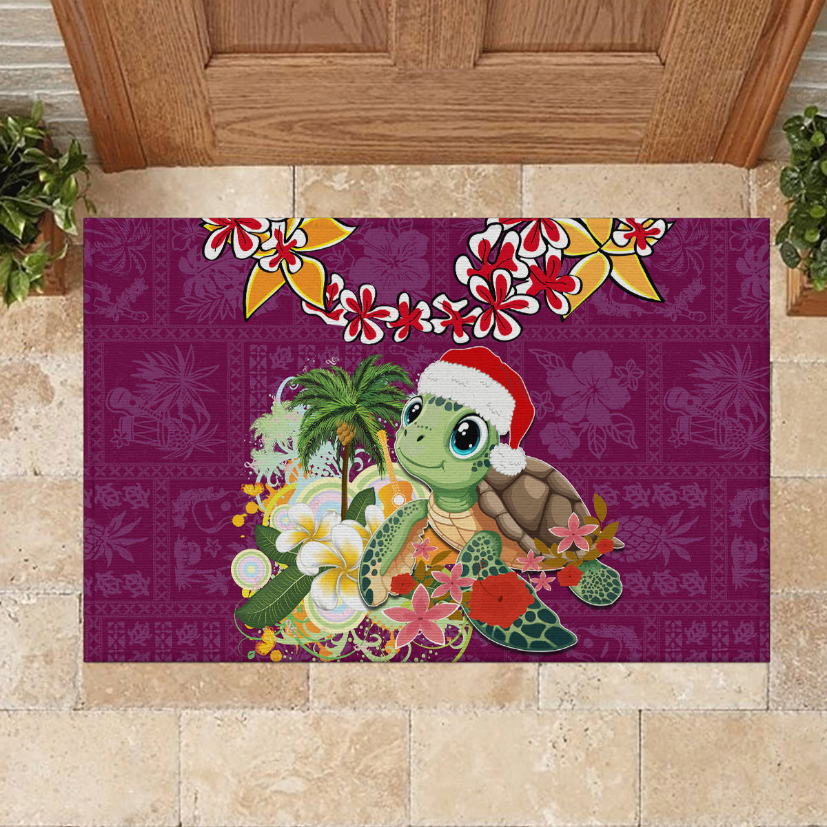 Hawaii Honu Mele Kalikimaka Rubber Doormat Santa Tropical Flower Aloha Summer Pink Version LT03 - Polynesian Pride