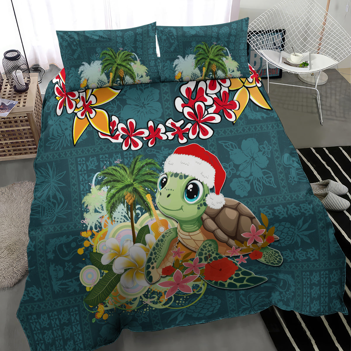Hawaii Honu Mele Kalikimaka Bedding Set Santa Tropical Flower Aloha Summer Turquoise Version LT03 - Polynesian Pride