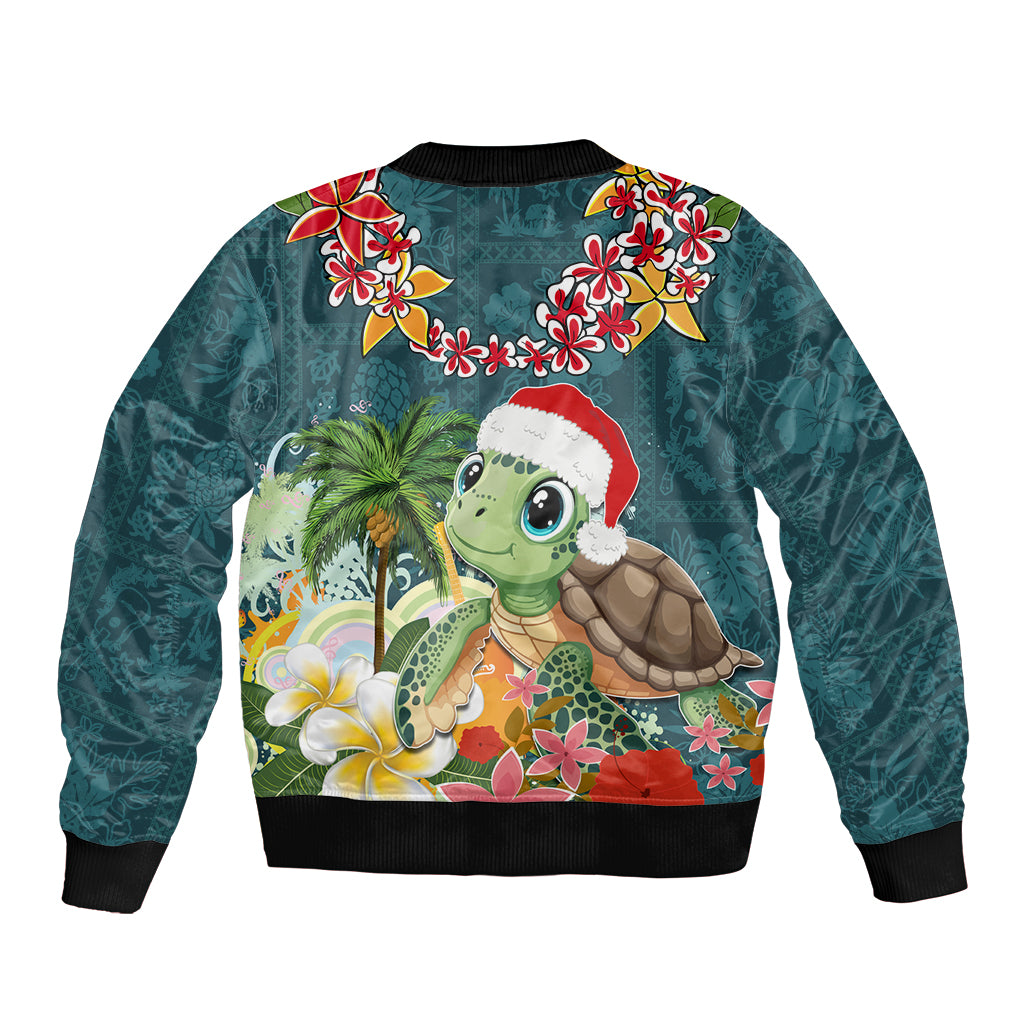 Hawaii Honu Mele Kalikimaka Bomber Jacket Santa Tropical Flower Aloha Summer Turquoise Version LT03 - Polynesian Pride
